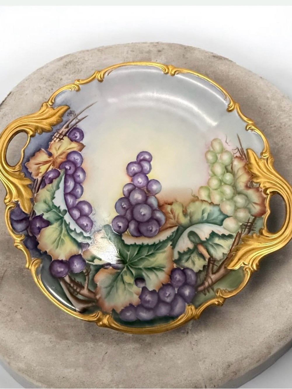 Atq JP LIMOGES France Hand Painted Gold Trim Green Purple GRAPES Handled Plate